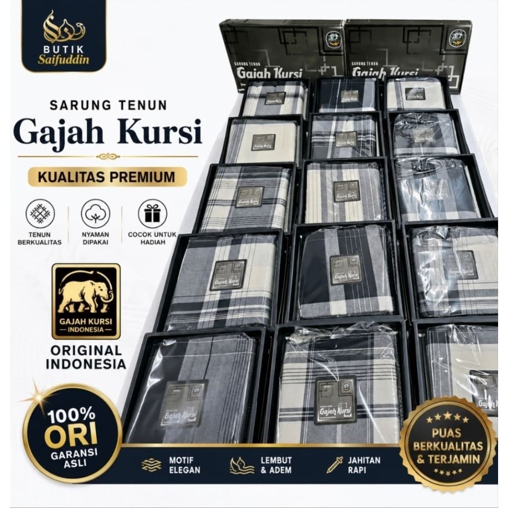 Kain Sarung Pelikat Gajah Kursi Hitam Putih/black & White Eksklusif — Kain Pelikat dari Butik Saifuddin Eksklusif