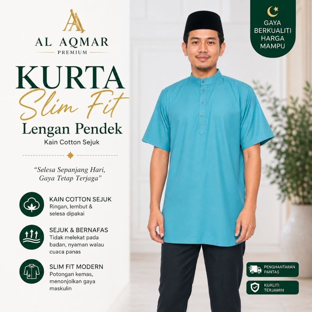 Kurta Cotton Slim Fit Lengan Pendek Jahitan Kemas & Rapi